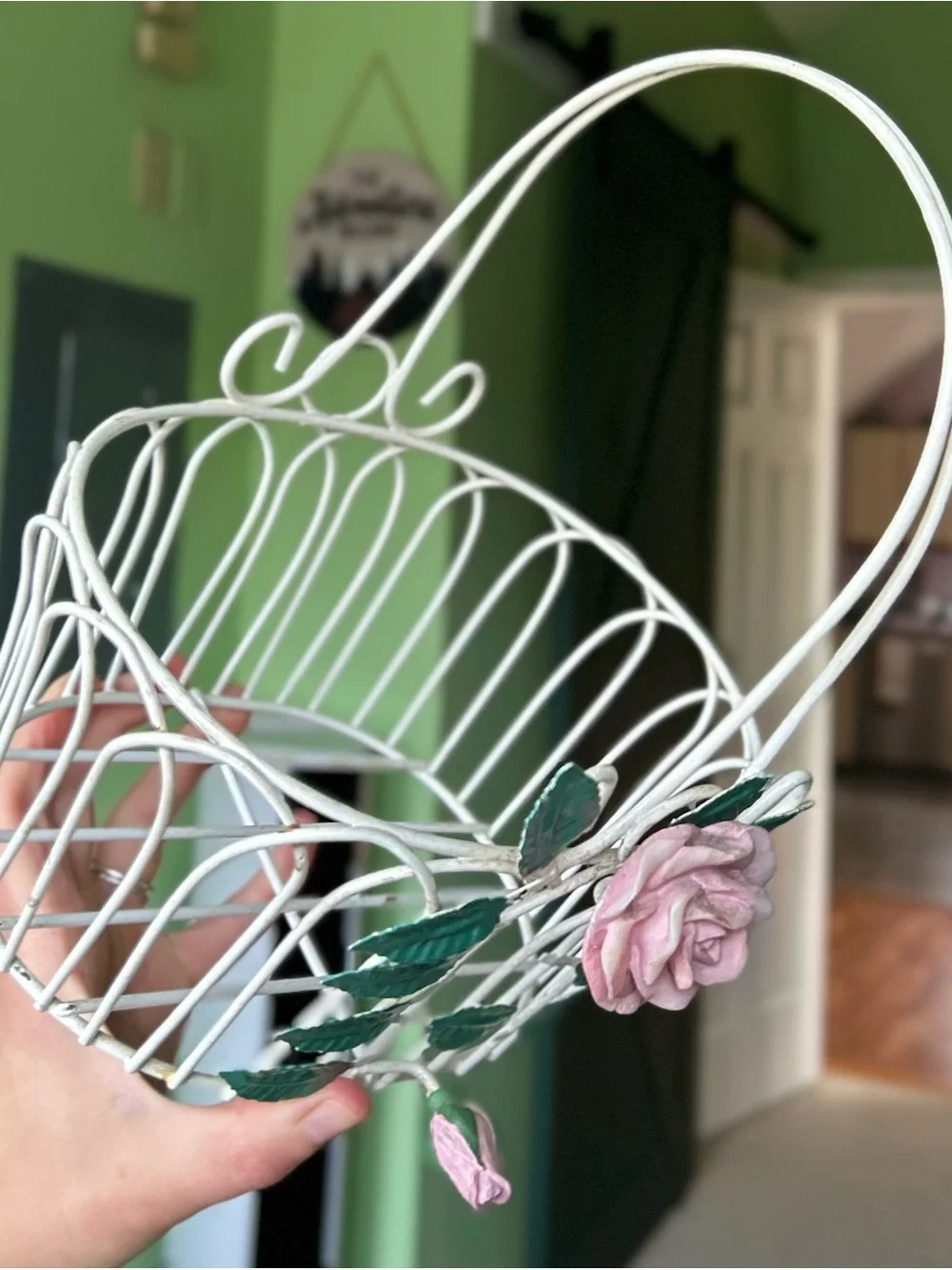 Vintage White Metal Basket With Pink and Green Floral Front